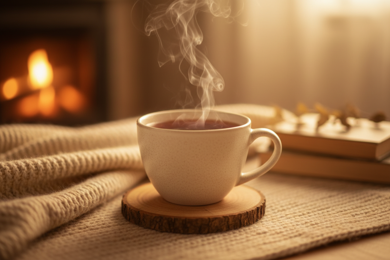 hot tea in warm lighting calming background 